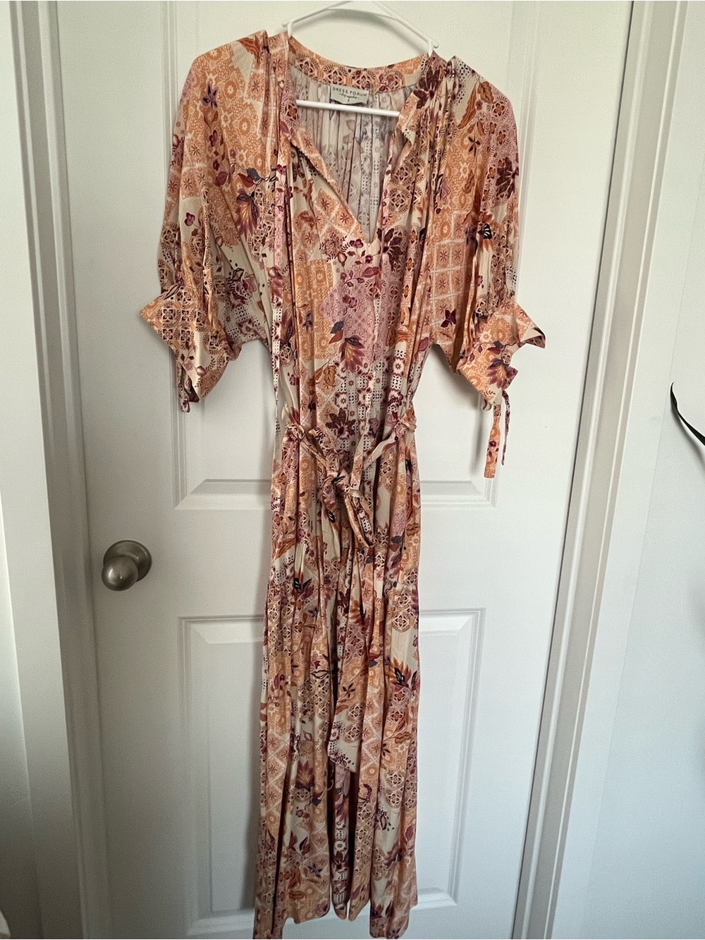 Dress Forum Boho Patchwork Maxi Dress in Cream and Tan with Burgundy Floral